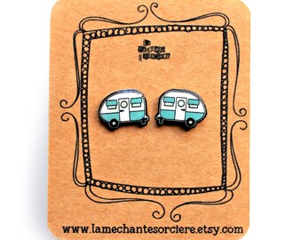 Petits campeurs rétro turquoise, Boucles d'oreilles ultra légères, Roulotte Vintage, bijoux, La Méchante Sorcière, Love, road trip, aventure