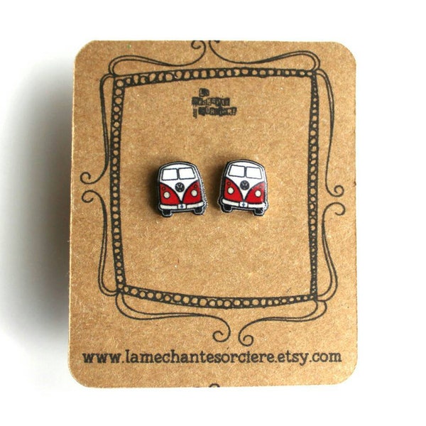 Petit campeur rétro, Boucles d'oreilles légères, Vintage, bijou rouge blanc, La Méchante Sorcière, Love, road trip, aventure, bus, kombi