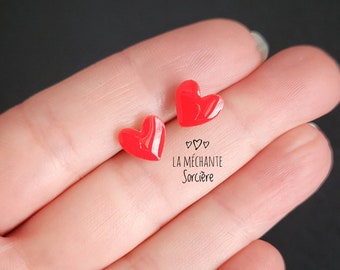 Cute little red heart earrings, La Méchante Sorcière, love, gift, Stainless steel stud, vintage, retro, Valentine, rockabilly, minimalist.