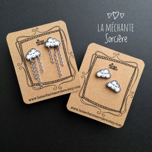 Mignons petits nuages blancs avec yeux de licorne, boucles d'oreilles avec ou sans pluie, bijou, La Méchante Sorcière, cadeau pour elle