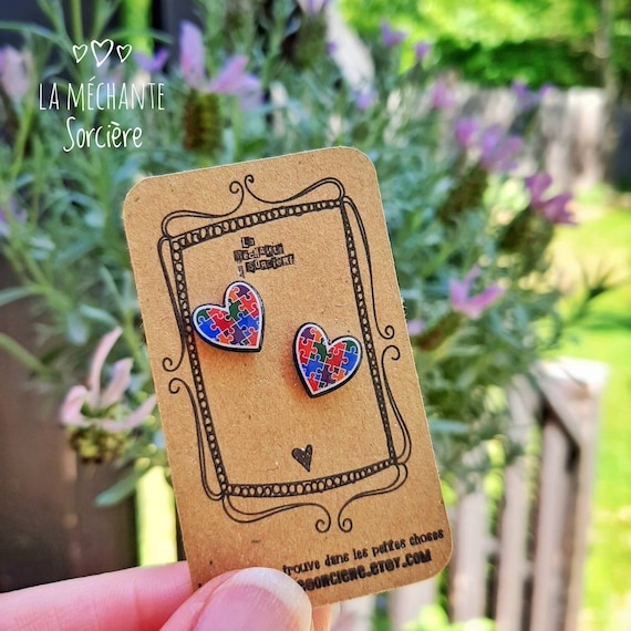 Autisme, bijou symbole casse-tête, coloré, bleu, différence, soutien, personne unique, Boucles d'oreilles, La Méchante Sorcière, tiges inox 