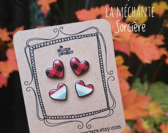 Little hearts earrings, Duo, black and red, Buffalo plaid, lumberjack, grey wool socks, La Méchante Sorcière, love, Stainless steel studs