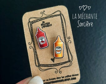 Ketchup and mustard earrings, La Méchante Sorcière, love, jewelry, gift, Stainless steel, food, foodies, tomato sauce, hamburger, hot dog