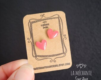 Cute little pink heart earrings, La Méchante Sorcière, love, gift, Stainless steel stud, vintage, retro, Valentine, rockabilly, minimalist.