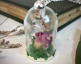 Butterfly Moth Specimen Jar Necklace Victorian Pendant Crimson Speckled Moth on Dried Rose in Glass Bell Jar