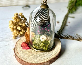 Victorian Inspired Black Apollonia Butterfly Specimen Jar Pendant, Moss, Flowers (OOAK)