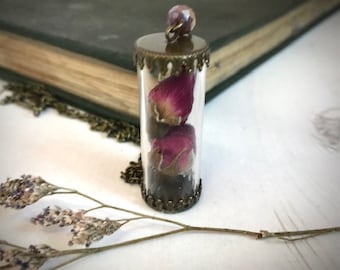 Dried Rosebud Victorian Specimen Pendant Romantic Roses Botanical Necklace