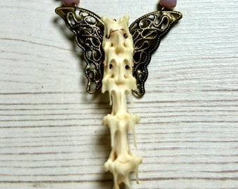 Bone & Crystal Pendant with Bird Spine on Brass Butterfly Gothic Memento Mori Witch Necklace