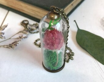 Globe Amaranth Flower Pendant Necklace – Dried Botanical Witch Jewelry