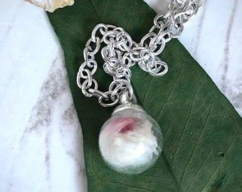 Tiny Glass Bauble Pendant With Dried Pink Flower Petals Globe Amaranth Necklace