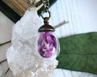Globe Amaranth Petal Small Glass Vial Pendant Dried Flower Necklace Language of Flowers