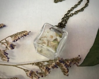 Wild Flower Square Pendant White Flower Necklace Witch Jewellery Green Witch Nature Grounding