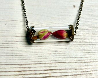 Rose Bud Necklace Victoriana French Dried Roses Pendant