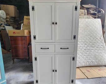 White Farmhouse Pantry Cabinet – Solid Wood Kitchen Storage Cupboard with Drawers