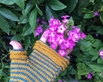 Dorothy Handwarmers armwarmers 100% wool blue and gold striped fingerless mitts