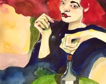 Wine Bar Study after Kobayashi by Tamara Halligan 9 x 12 art watercolor painting, new signed.