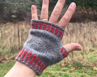 PNW MITTS 100% wool hand knit fingerless mittens in gray and red stitches women's Lg Perfect for driving