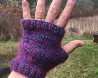 Fuzzy Halo,  Blue Brookyln Tweed wool with Pink Mohair hand knit fingerless mittens the effect is purple women's Lg Perfect for driving