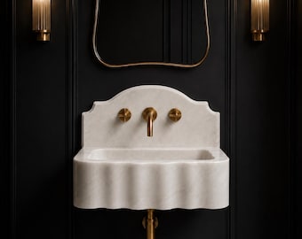 Carrara White Marble Sink with Decorative Backsplash, Wall Mount Marble Basin, Hand Carved Stone Sink, Custom Size Luxury Bathroom Vanity