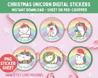 Hoja de pegatinas digitales de unicornio navideño y archivos precortados. ¡Un adorable unicornio navideño! Archivos PNG digitales. DESCARGA INSTANTÁNEA.