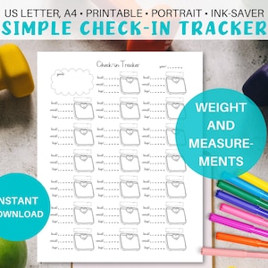 Könnte beinhalten: Ein druckbarer Gewichts- und Maß-Tracker mit einem einfachen Design. Der Tracker zeigt ein Waagen-Symbol mit einem Herzen und Linien zum Aufzeichnen von Gewicht, Maßen und Zielen. Der Text "Check-in Tracker" befindet sich oben auf der Seite.