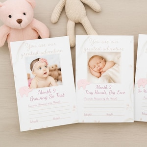 Cartes d'étape imprimables pour bébé fille - 1 à 12 mois - Éléphant rose - Design minimaliste - Téléchargement instantané numérique 5 x 7