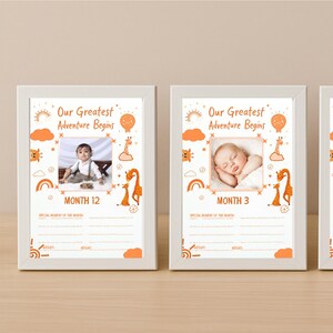 Cartes bébé 1-12 mois - Thème arc-en-ciel girafe orange - Cartes photo mensuelles pour bébé - Souvenir de nouveau-né - Imprimable numérique