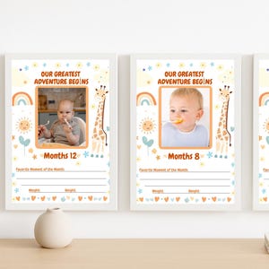 Baby Meilensteinkarten mit Bilderrahmen – 1 bis 12 Monate – Giraffe, Regenbogen, Herzen, Blumen – Neutral Orange Baby Fotorequisite