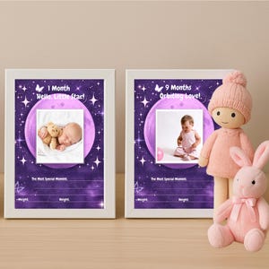 Cartes bébé étape importante pour filles | Accessoire photo pourpre sur le thème de l'espace | Cartes de vœux pour bébés de 1 à 12 mois | Téléchargement numérique | Jalon de la lune et des étoiles