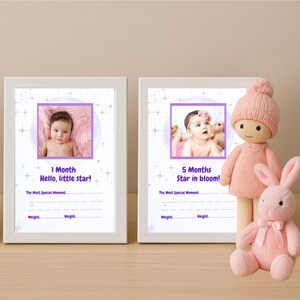 Lila Weltraum Baby Meilensteinkarten, 1-12 Monate Baby Fotokarten, Mädchen Baby Monatlicher Meilenstein, digitaler Download, Mond und Sterne Rahmen
