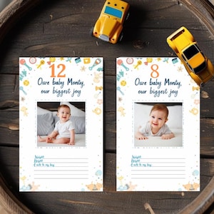Cartes d'étape mensuelles pour bébé garçon, photos et souvenirs de 1 à 12 mois, pages bleues de journal pour nouveau-né, cadeau de première année à imprimer, cadeaux pour bébé