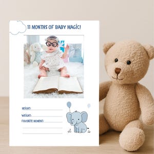 Célébrez chaque étape importante avec des cartes à thème éléphant bébé garçon : téléchargement immédiat – 1 à 12 mois – bleu et gris – jeu de cartes mensuelles imprimables 5 x 7