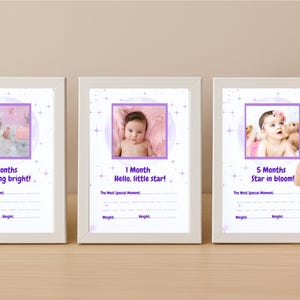 Cartes jalons bébé sur le thème de l'espace violet, cartes photo de bébé de 1 à 12 mois, jalon mensuel pour bébé fille, téléchargement numérique, cadre lune et étoiles