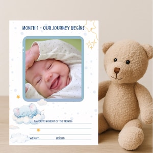 Blaue Baby Meilenstein Karten für Jungen - 1 bis 12 Monate - Digitaler Download - Thema Elefantenwolke - Monatliches Fotokartenset, Elefant & Sterne