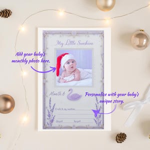 Cartes d'étapes bébé cygne et lavande - Un minimum d'accessoires photo mensuels pour bébé fille - Du nouveau-né à 12 mois, cartes d'étapes imprimables pour bébé