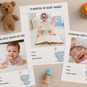 Feier jeden Meilenstein mit Baby Jungen Elefant Themenkarten: Sofortiger Download - 1 bis 12 Monate - Blau und Grau - 13x18 druckbare Monatskarten