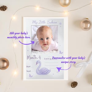 Cartes d'étapes marquantes, bébé cygne élégant, accessoires photo mensuels pour bébé fille, ensemble souvenir de 1 à 12 mois, cartes d'étapes clés imprimables pour bébé