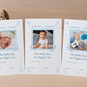 Cartes d'étape mensuelles pour bébé garçon, accessoires photo de 1 à 12 mois avec notes, bleu cadeau souvenir nouveau-né imprimable, idéal pour les photos et le journal de bébé