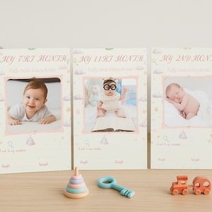 Cartes d'étape mensuelles pour bébés | Souvenir de 1 à 12 mois | Bracelet de croissance rose avec notes | Cartes photo personnalisées