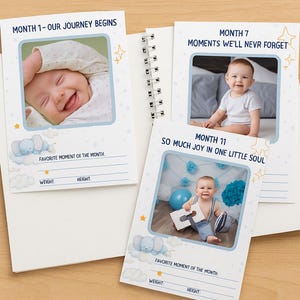 Cartes bébé bleu jalon pour garçons – 1 à 12 mois – téléchargement numérique – thème nuage éléphant – jeu de cartes photo mensuel, éléphant et étoiles