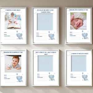 Célébrez chaque étape importante avec des cartes à thème éléphant bébé garçon : téléchargement immédiat – 1 à 12 mois – bleu et gris – jeu de cartes mensuelles imprimables 5 x 7