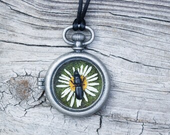 Pocket Watch Still Life Necklace with Beetle