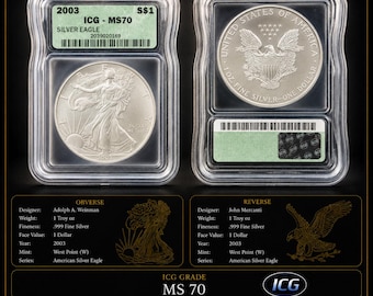 2003 American Silver Eagle – ICG MS70 Certified – 1 oz .999 Fine Silver Coin – U.S. Silver Dollar