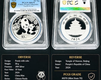 Moneta d'argento Panda cinese 2024 – Certificata PCGS MS70 – 30 g Argento puro .999 – 10 Yuan Panda cinese