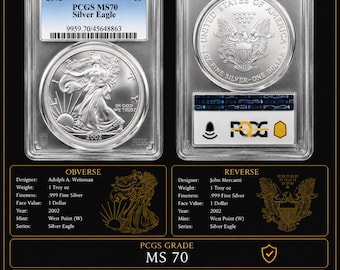 2002 American Silver Eagle – PCGS MS70 Certified – .999 Fine Silver Coin – 1 oz U.S. Silver Dollar