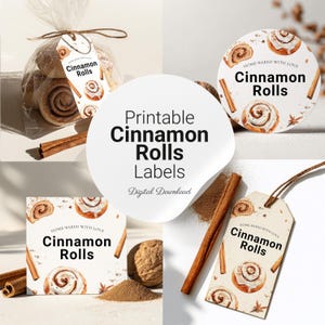 May include: A selection of printable cinnamon roll labels in different shapes, such as round, square, and tag designs. The labels display watercolour illustrations of cinnamon rolls, cinnamon sticks, and the words "Cinnamon Rolls".