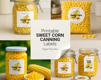 Puede incluir: Imágenes de etiquetas imprimibles para enlatar maíz dulce. Se muestran frascos y una bolsa llena de granos de maíz amarillos. Las etiquetas presentan un gráfico de maíz y el texto "Sweet Corn".