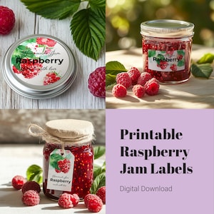 May include: Printable labels for raspberry jam jars. The labels feature a watercolor design of raspberries and leaves with the text "Homemade Jam Raspberry Made with Love".
