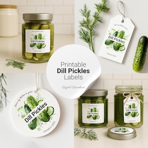 Etichette stampabili per barattoli di cetriolini sottaceto – Set di adesivi quadrati, rotondi e adesive – Design minimalista per etichette di inscatolamento – Scheda ricetta inclusa – Download PDF