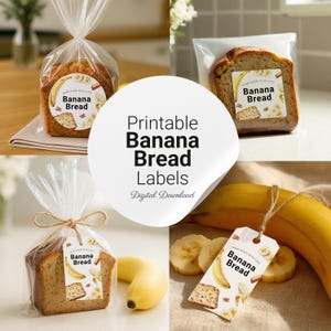 May include: An image showcasing printable banana bread labels. The labels feature a watercolor design with a banana, bread slice, and cinnamon stick. The labels are shown on packaged banana bread loaves.